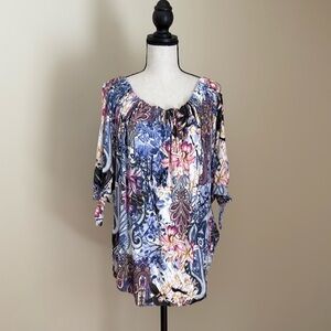 Cupio Floral Knit Gathered or Off Shoulder Neckline Knit Top Blouse Women L